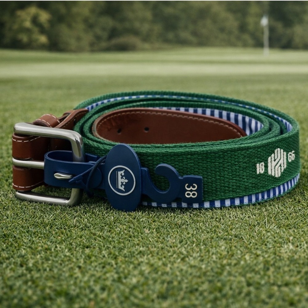 Peter Millar Crown Seal Green Canvas Leather Belt‎ 38 Mens Embroidered 1966 Logo